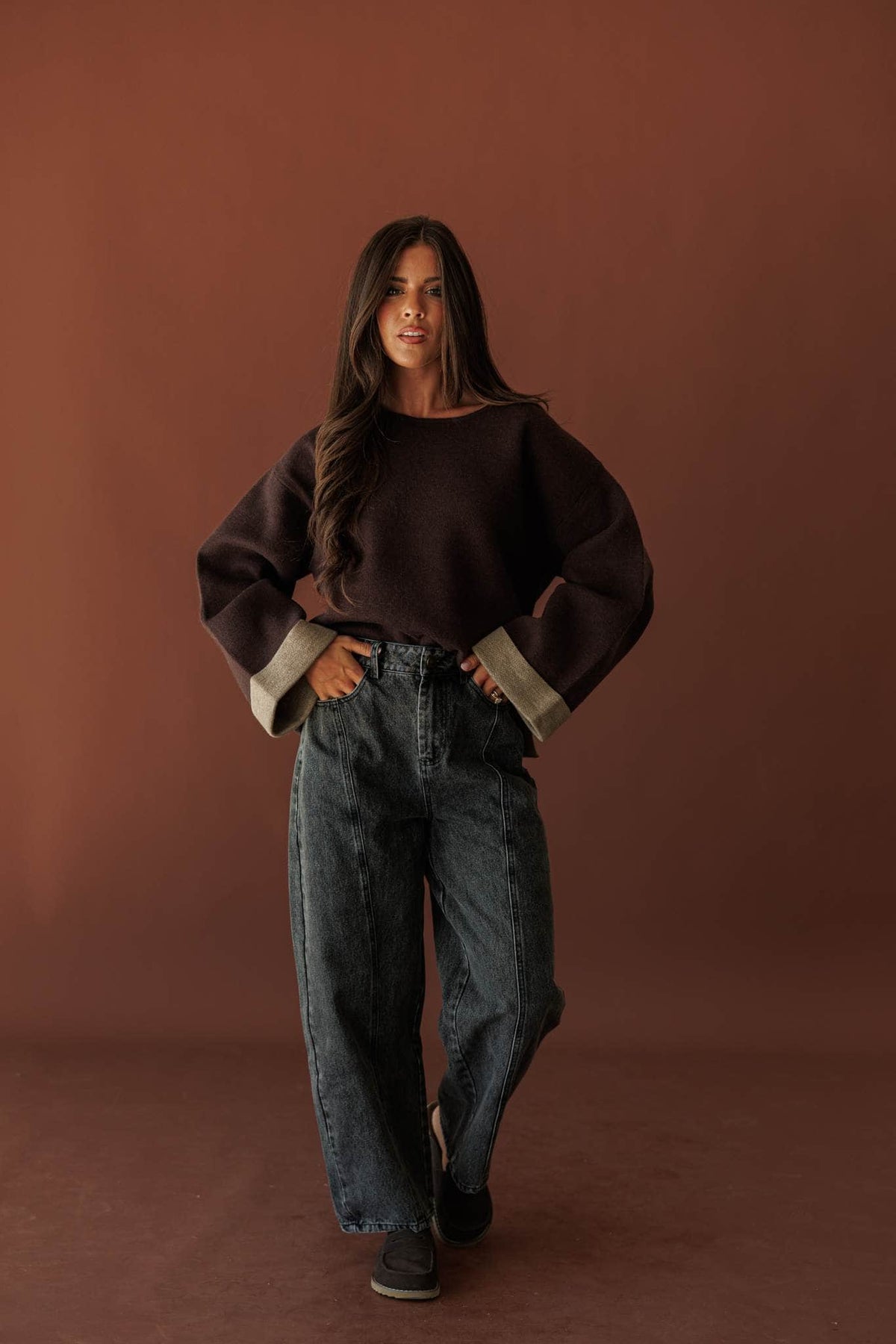 Cuffed In Contrast Sweater, full-length view with denim