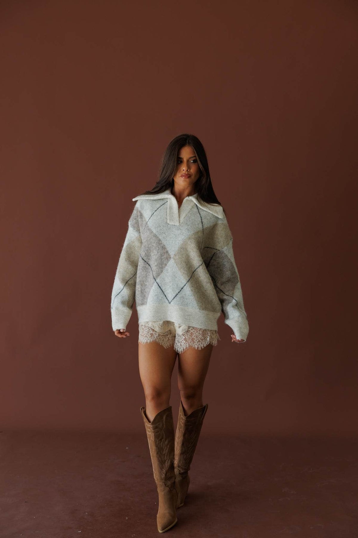 Cream and light blue colourblock knit sweater