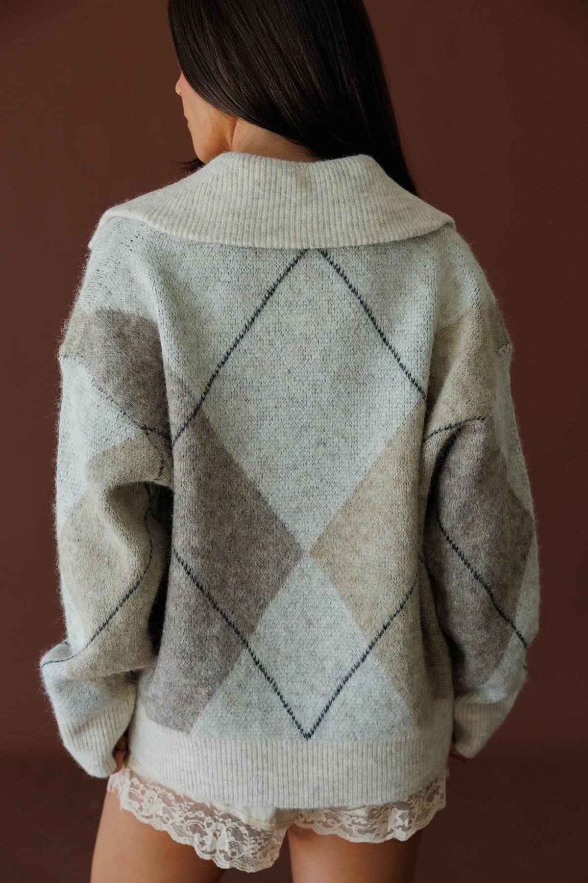 Cream and light blue colourblock knit sweater