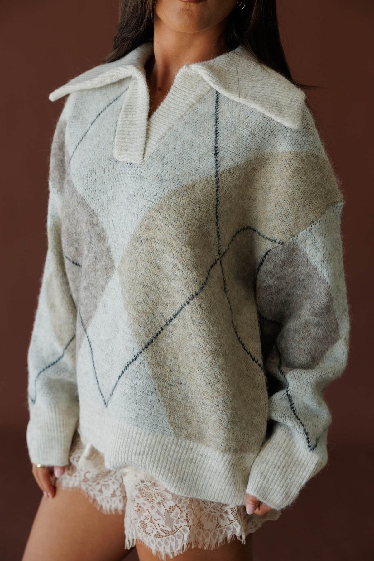 Cream and light blue colourblock knit sweater