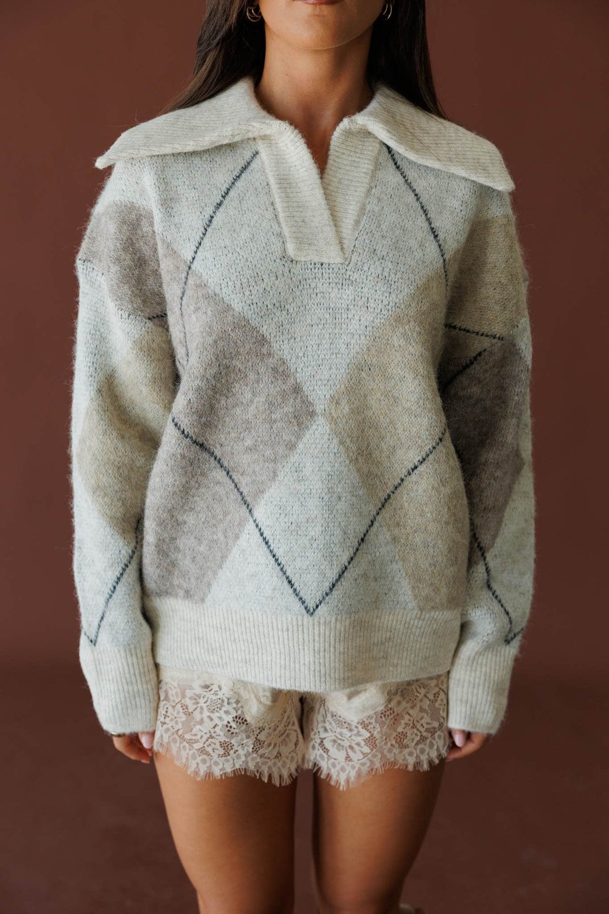 Cream and light blue colourblock knit sweater