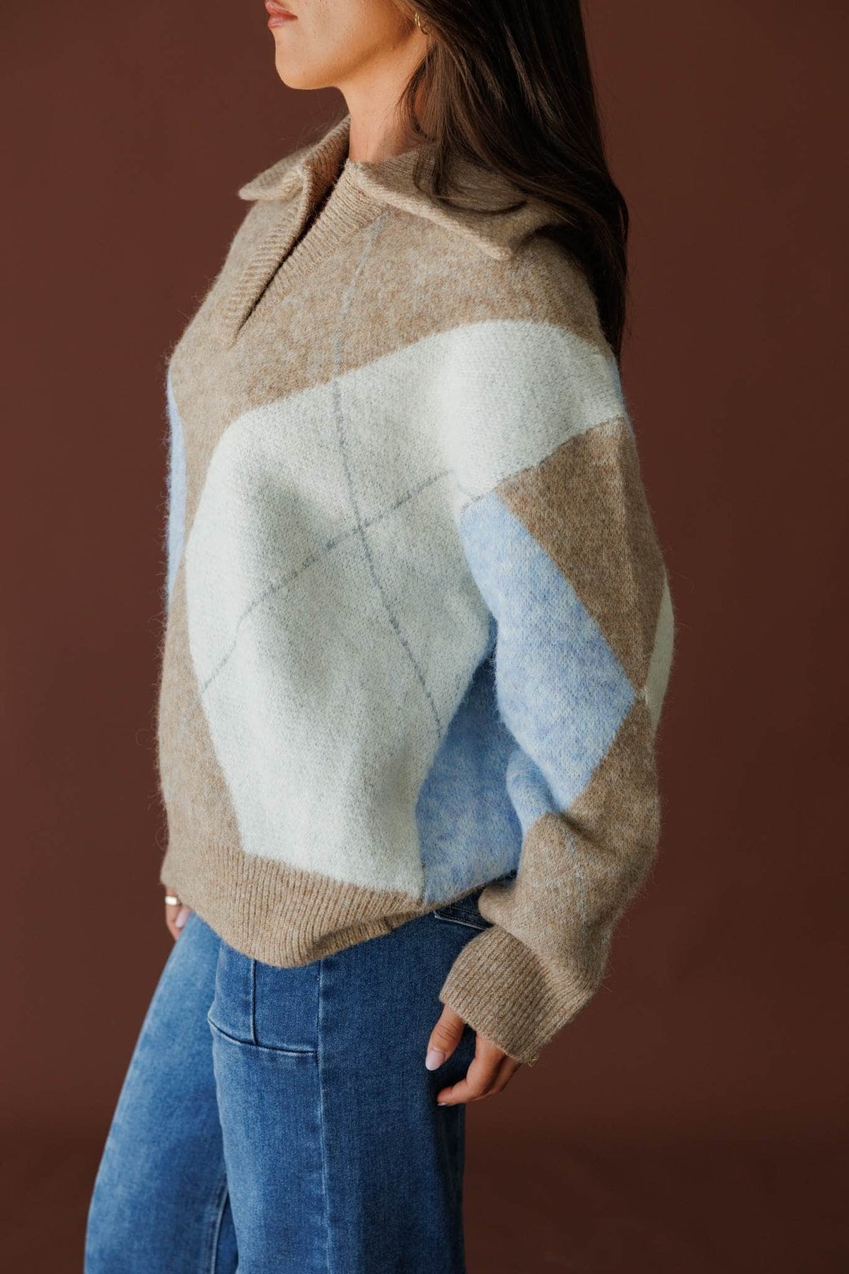 Cream and light blue colourblock knit sweater