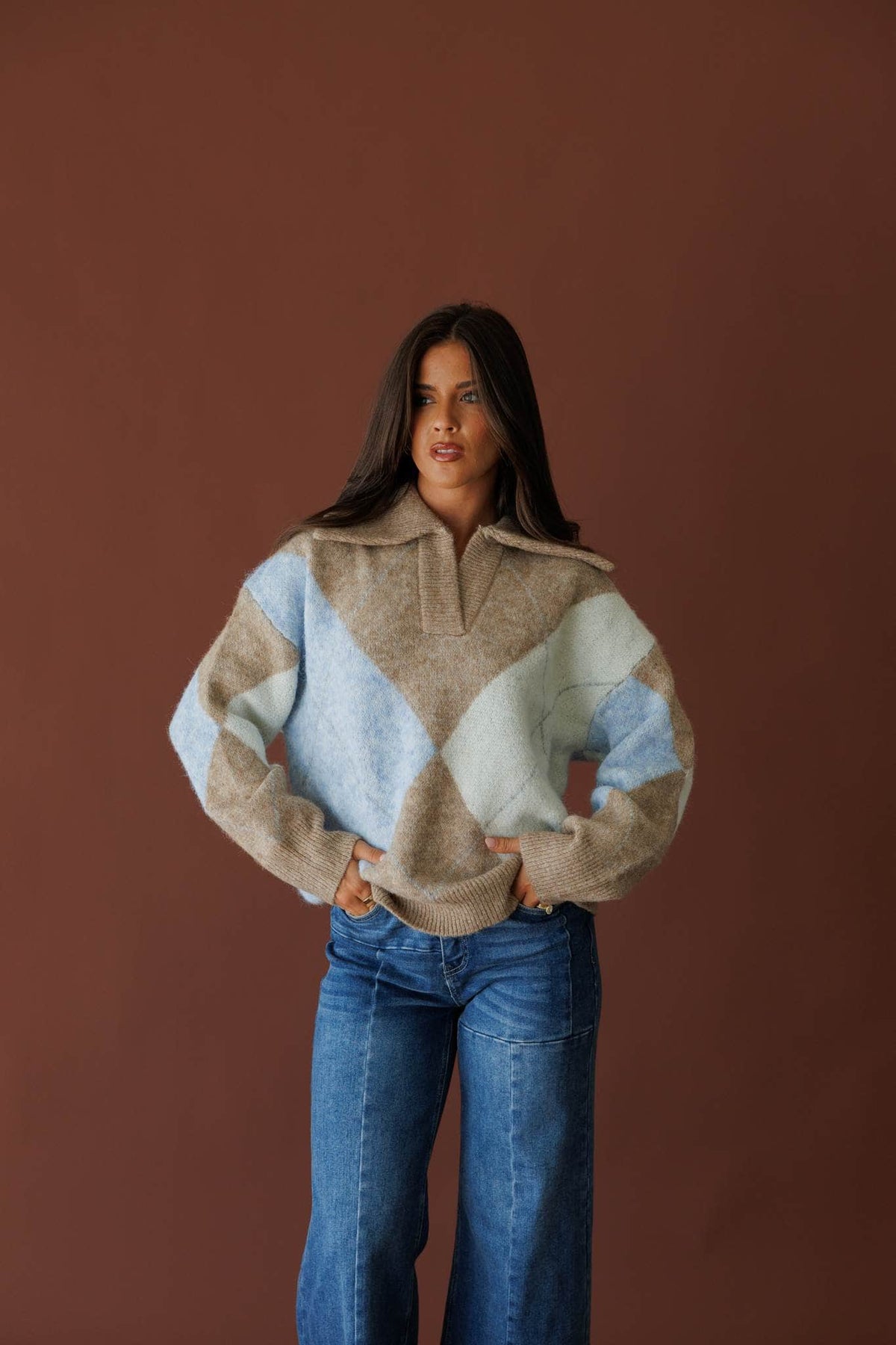 Cream and light blue colourblock knit sweater, front view