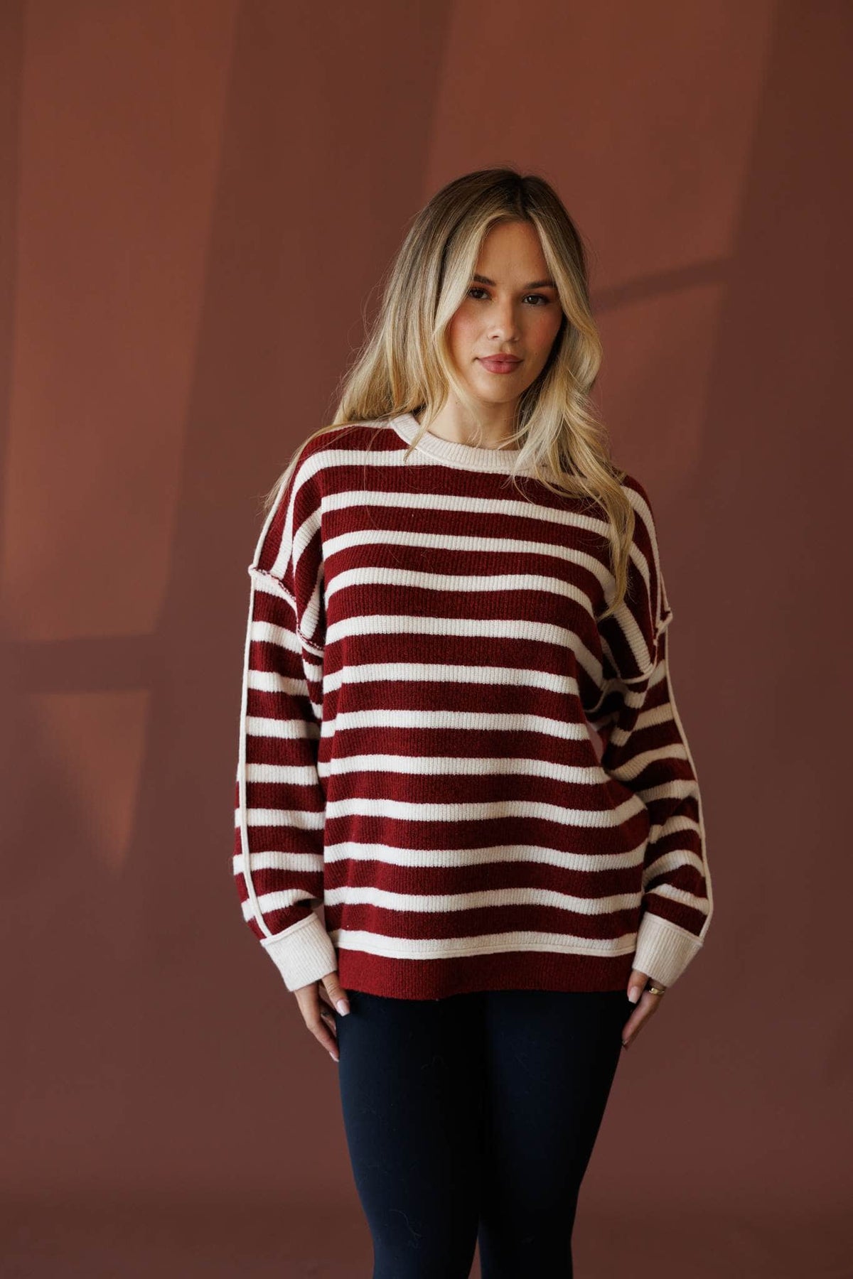 Burgundy pullover sweater, front view