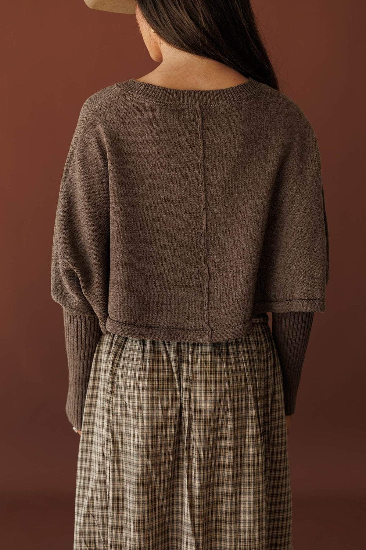 Quiet Morning Mock Neck Sweater, in stone, back view of the cropped body