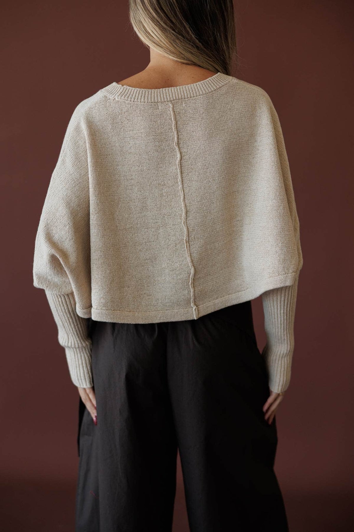 Quiet Morning Mock Neck Sweater, in cream, back view of the cropped body