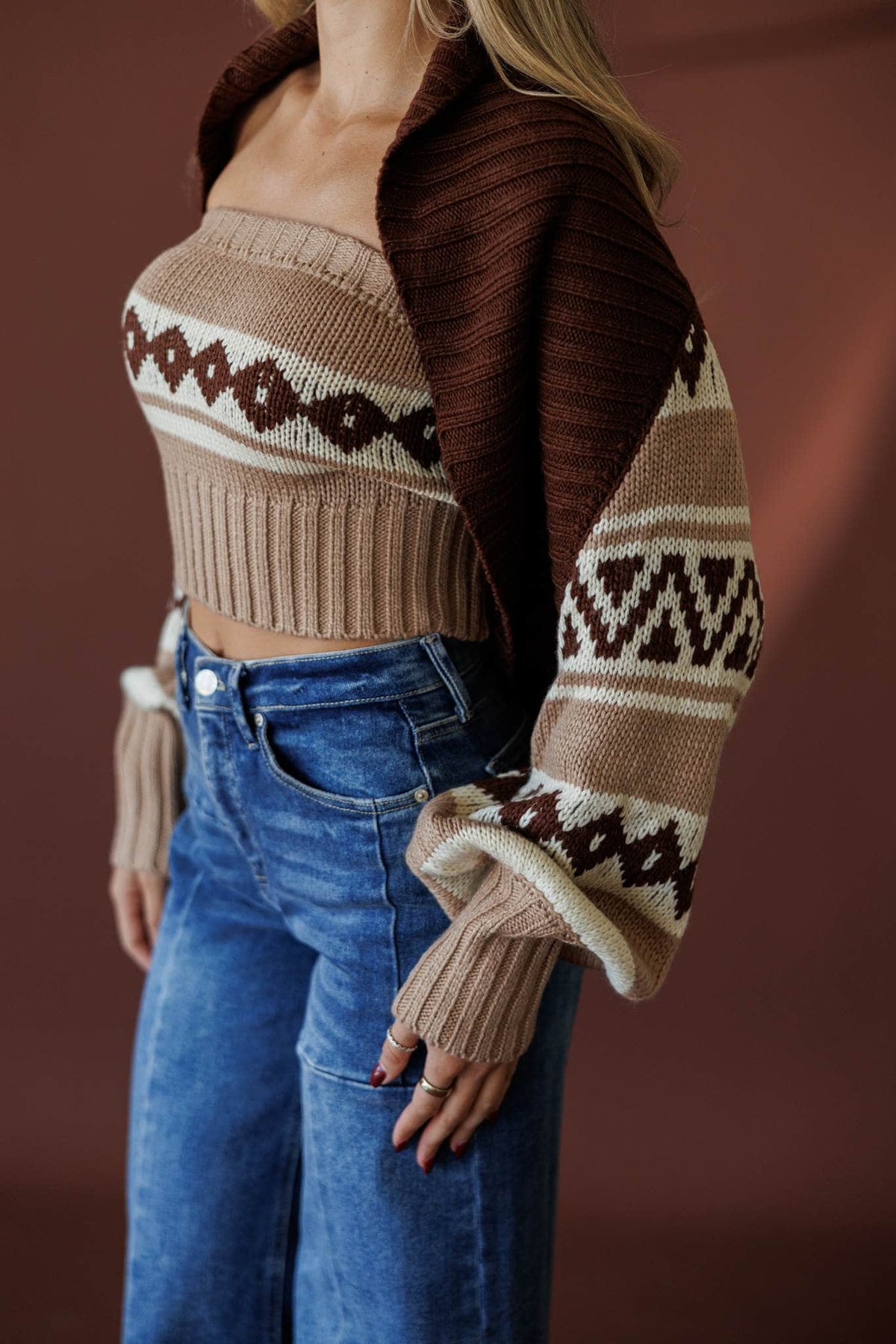 The Lodge Shrug Set, side view of the shrug sleeve