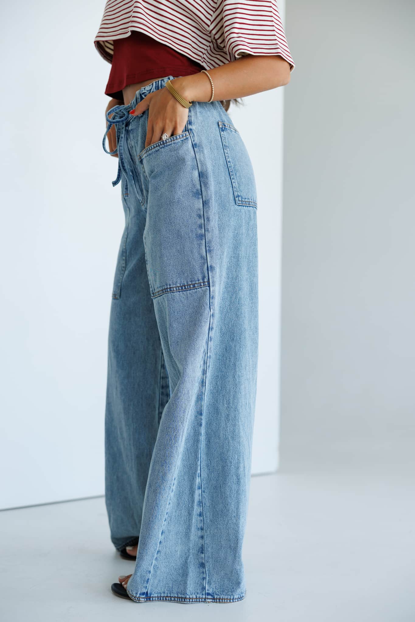 Washed Drawstring Wide Leg Jeans