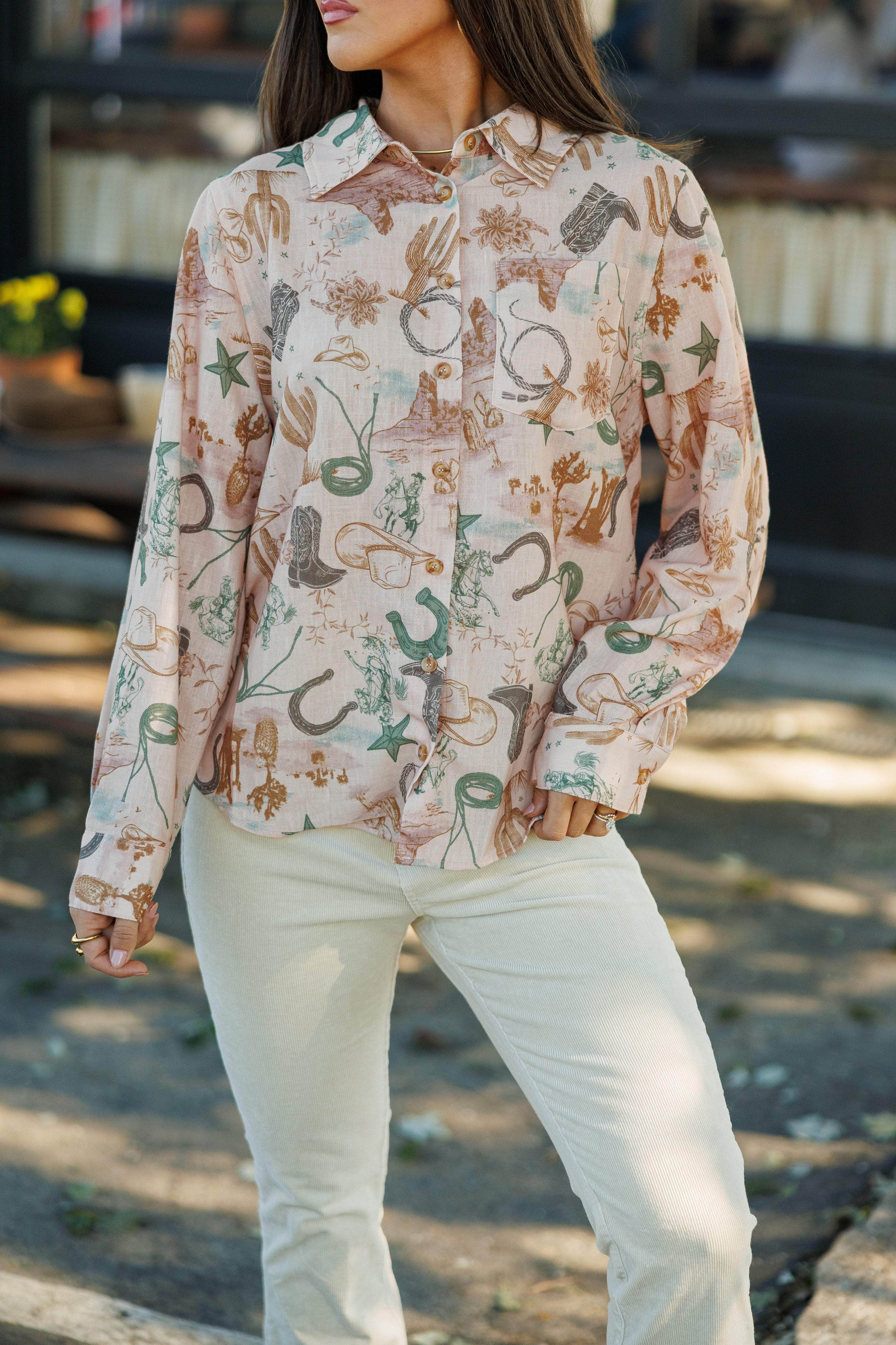 Western Print Button Down Shirt