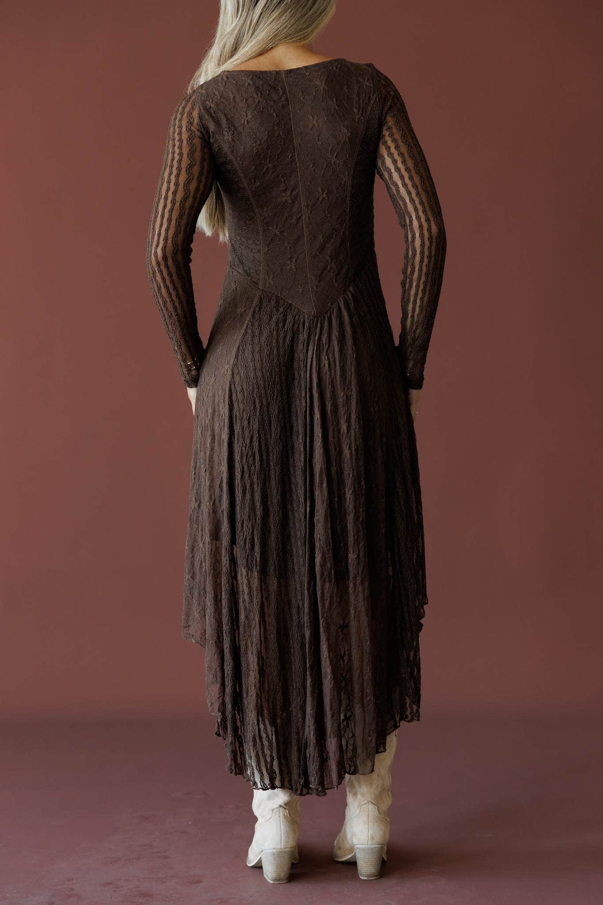 Whiskey And Lace Dress in chocolate, back view showing the knit bodice and pleated skirt
