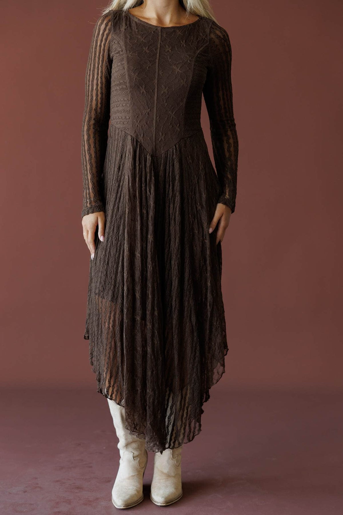 Whiskey And Lace Dress in chocolate, front view showing the fitted knit bodice