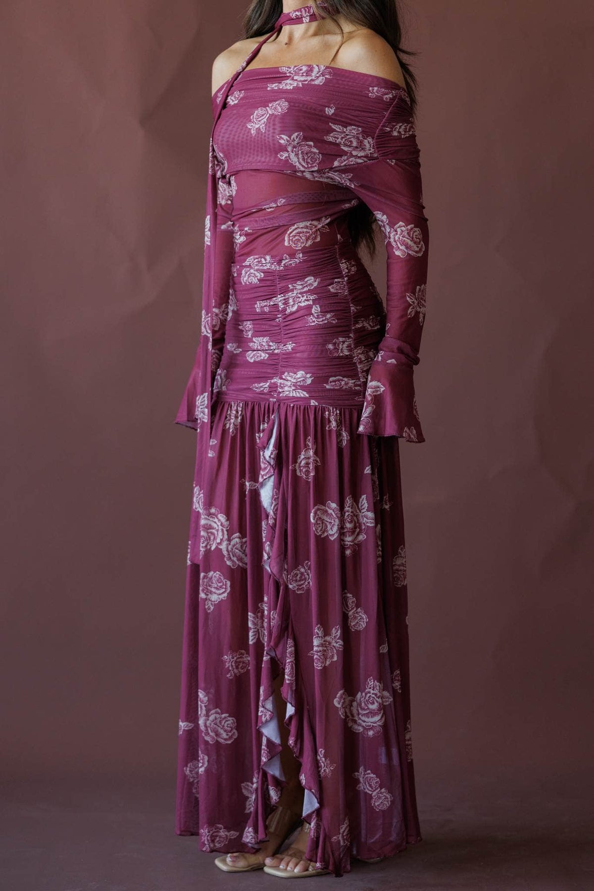 Wine floral off the shoulder maxi dress